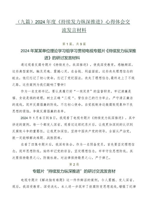 （九篇）2024《持续发力 纵深推进》心得体会交流发言材料.docx