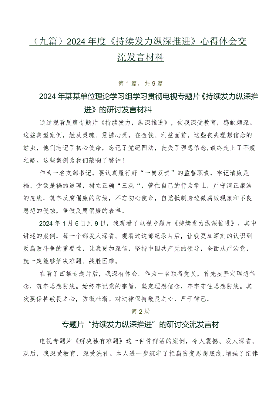 （九篇）2024《持续发力 纵深推进》心得体会交流发言材料.docx_第1页