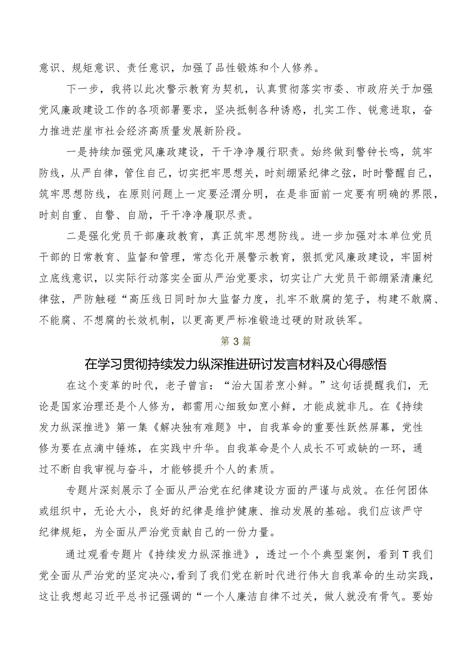 （九篇）2024《持续发力 纵深推进》心得体会交流发言材料.docx_第2页