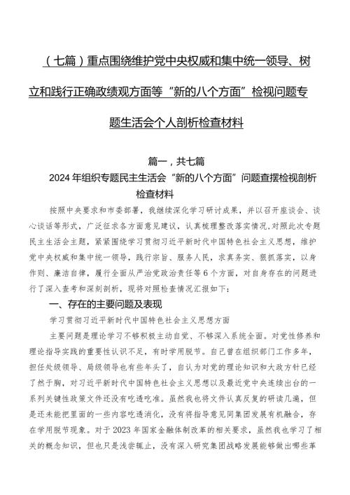 （七篇）重点围绕维护党中央权威和集中统一领导、树立和践行正确政绩观方面等“新的八个方面”检视问题专题生活会个人剖析检查材料.docx