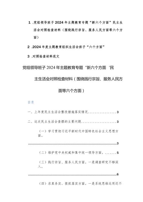 两篇：党组领导班子2024年主题教育专题“新六个方面”民主、组织生活会对照检查材料范文.docx