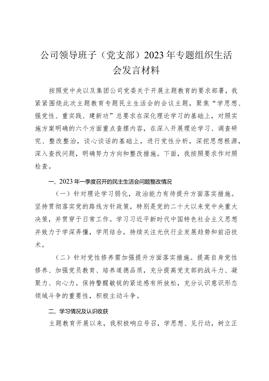 2篇国企公司党员20232024年主题教育专题组织生活会六个方面个对照检查剖析发言材料.docx_第1页