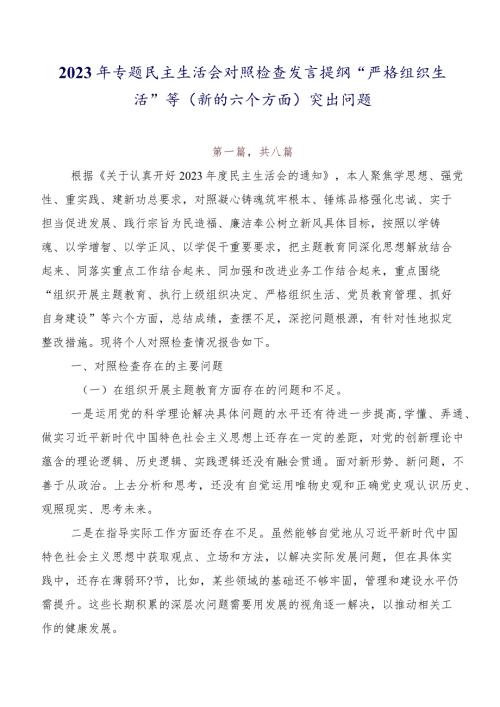 2023年专题民主生活会对照检查发言提纲“严格组织生活”等(新的六个方面)突出问题.docx