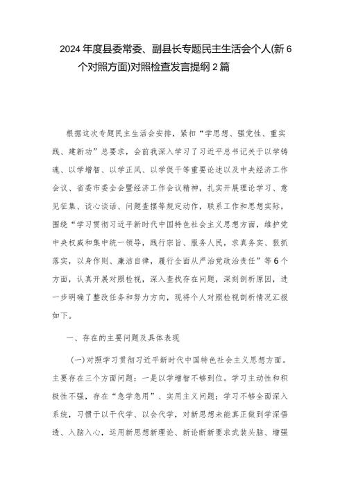 2024县委常委、副县长专题民主生活会个人（新6个对照方面）对照检查发言提纲2篇.docx