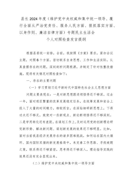 县长2024（维护党中央权威和集中统一领导、履行全面从严治党责任、服务人民方面、狠抓落实方面、以身作则、廉洁自律方面）专题民主生活会.docx