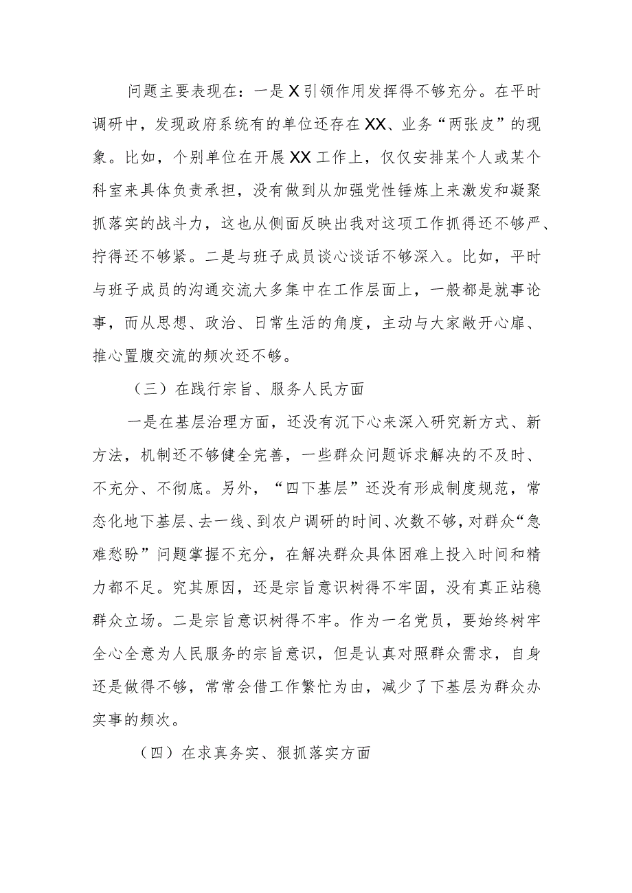 县长2024（维护党中央权威和集中统一领导、履行全面从严治党责任、服务人民方面、狠抓落实方面、以身作则、廉洁自律方面）专题民主生活会.docx_第2页