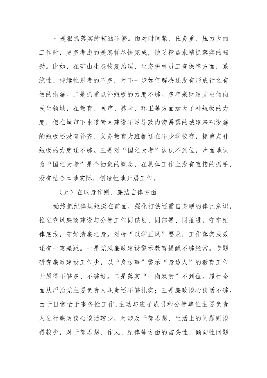 县长2024（维护党中央权威和集中统一领导、履行全面从严治党责任、服务人民方面、狠抓落实方面、以身作则、廉洁自律方面）专题民主生活会.docx_第3页