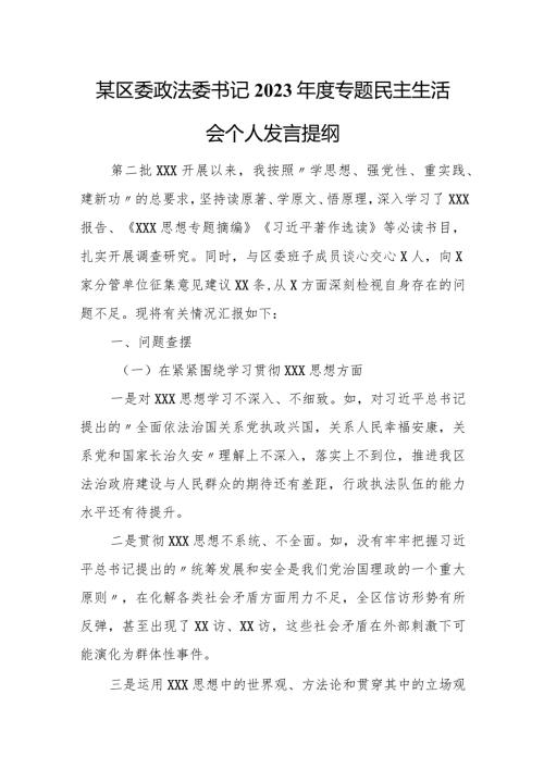 某区委政法委书记2023专题民主生活会个人发言提纲.docx