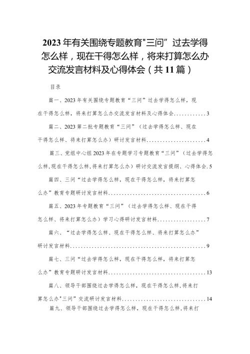 （11篇）2023年有关围绕专题教育“三问”过去学得怎么样现在干得怎么样将来打算怎么办交流发言材料及心得体会精选.docx