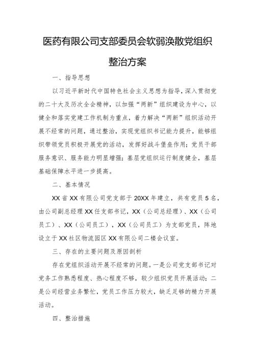 医药有限公司支部委员会软弱涣散党组织整治方案.docx