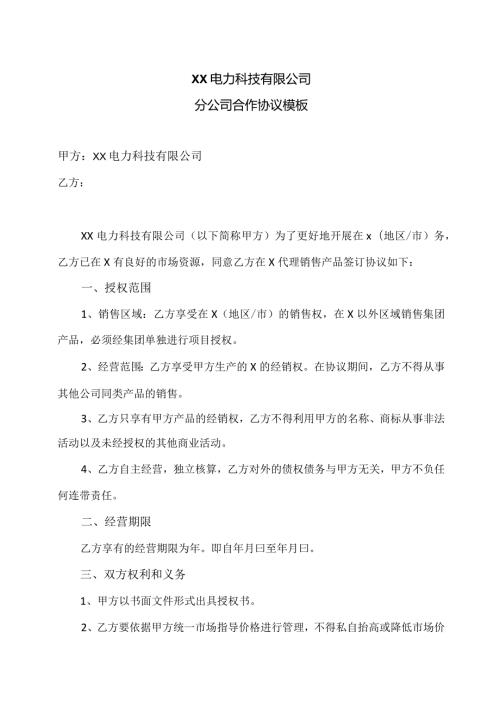 XX电力科技有限公司分公司合作协议模板（2024年）.docx