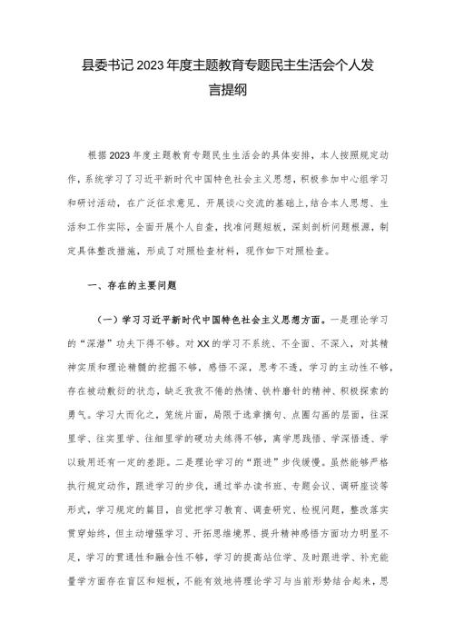 县委书记2023主题教育专题民主生活会个人发言提纲(1).docx