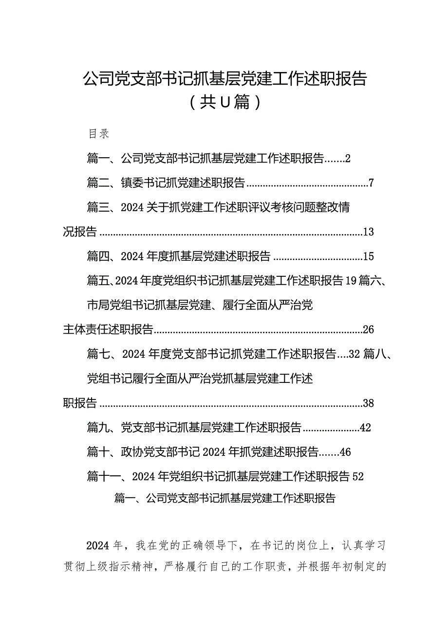 2024公司党支部书记抓基层党建工作述职报告11篇（精选版）.docx_第1页