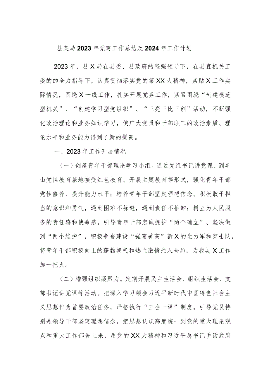 县某局2023年党建工作总结及2024年工作计划.docx_第1页