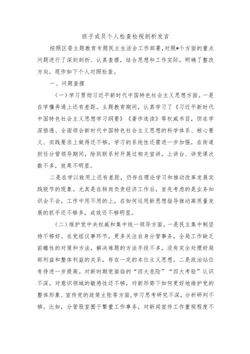 班子成员个人检查检视剖析发言.docx