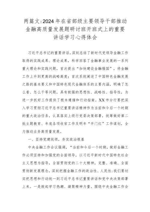 两篇文：2024年在省部级主要领导干部推动金融高质量发展题研讨班开班式上的重要讲话学习心得体会.docx