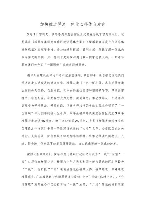 加快推进琴澳一体化心得体会发言.docx