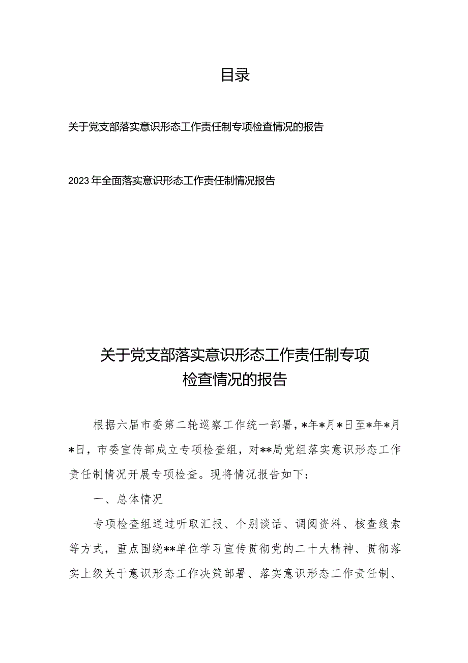 关于党支部落实意识形态工作责任制专项检查情况的报告+2023年全面落实意识形态工作责任制情况报告.docx_第1页
