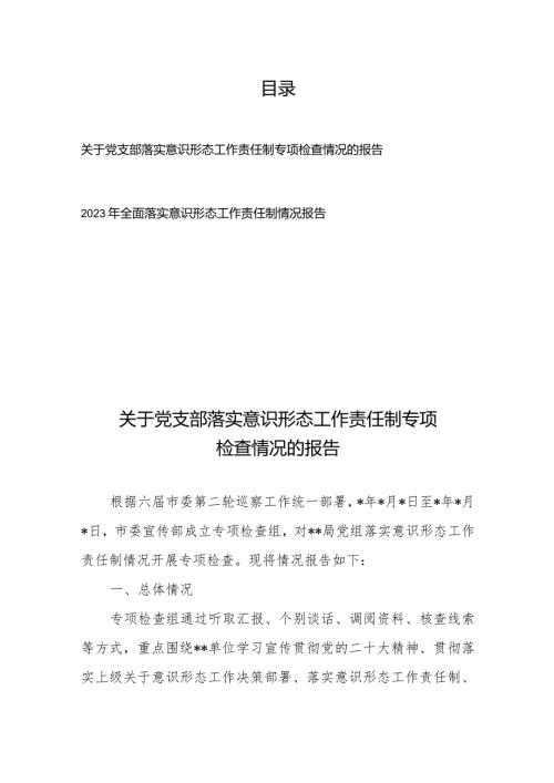 关于党支部落实意识形态工作责任制专项检查情况的报告+2023年全面落实意识形态工作责任制情况报告.docx