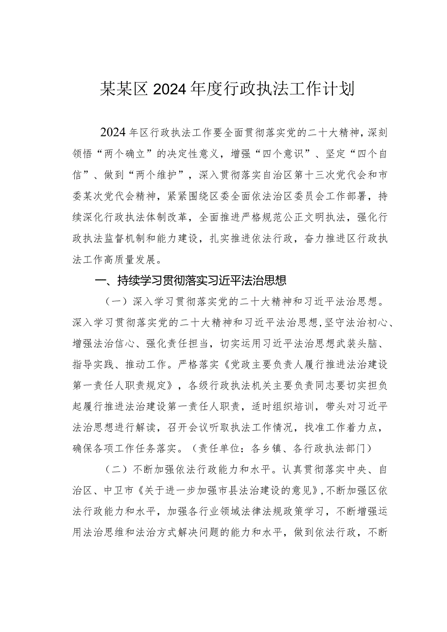 某某区2024行政执法工作计划.docx_第1页
