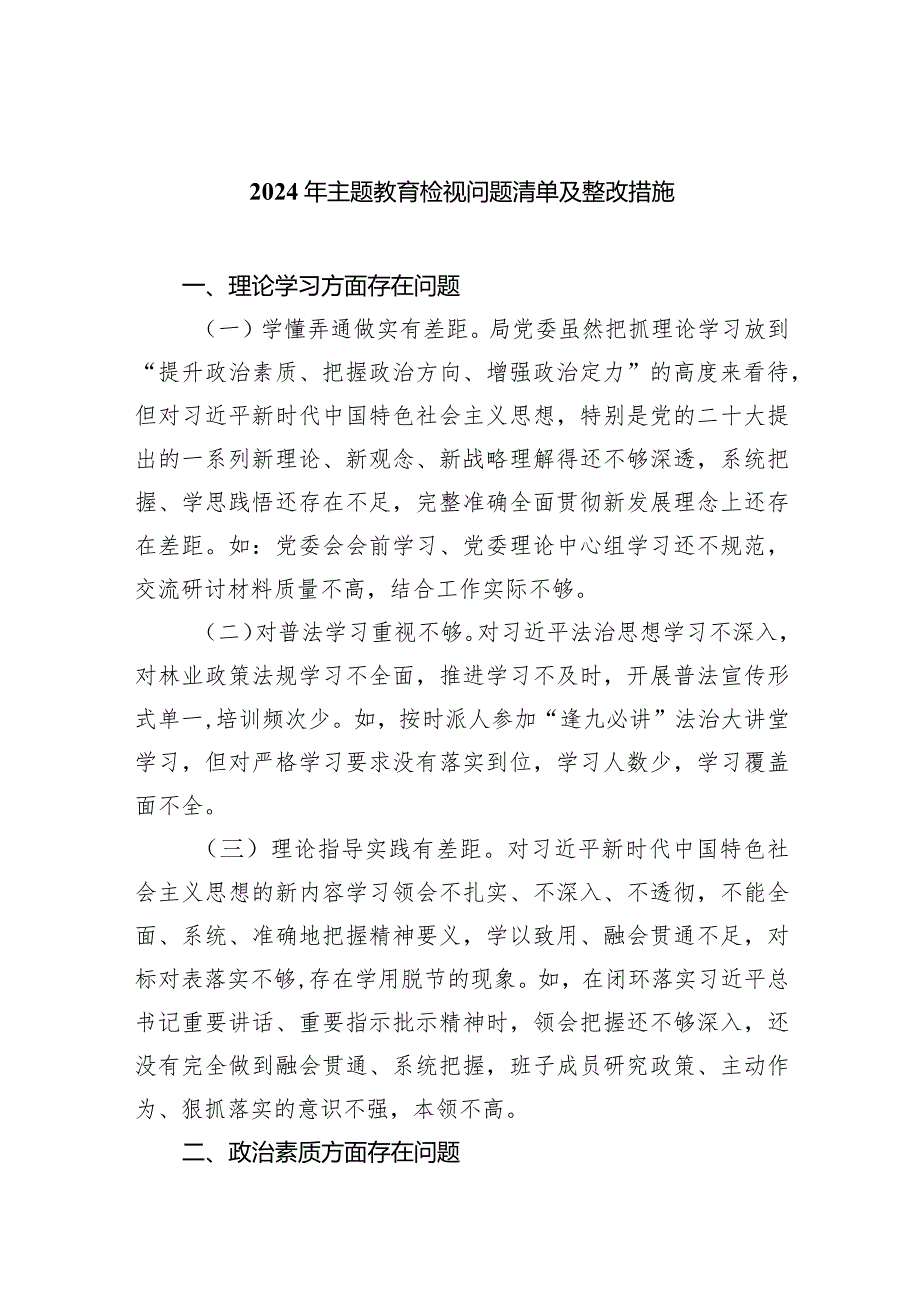 2024年专题教育检视问题清单及整改措施【七篇精选】供参考.docx_第1页