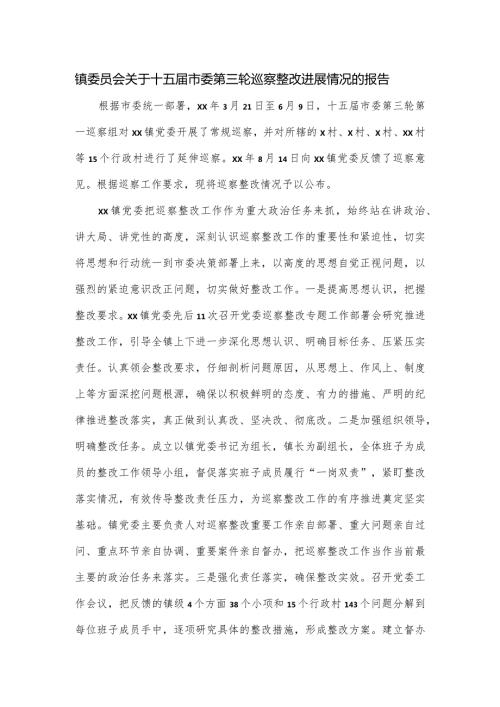 镇委员会关于十五市委第三轮巡察整改进展情况的报告.docx