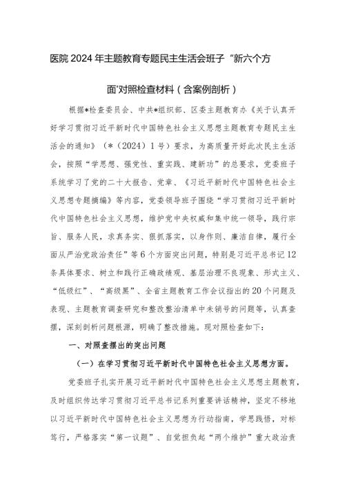医院2024年主题教育专题民主生活会班子“新六个方面”对照检查材料（含案例剖析）.docx