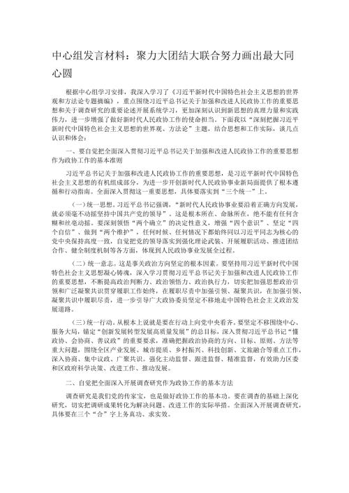 中心组发言材料：聚力大团结大联合 努力画出最大同心圆.docx