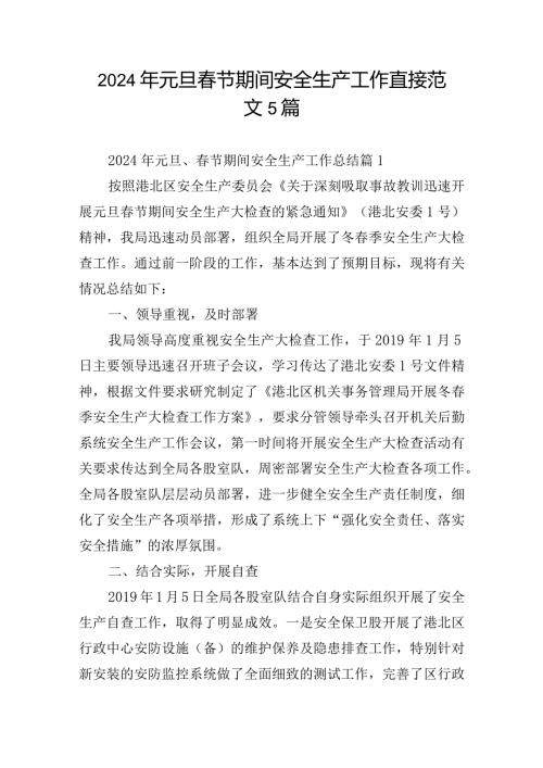 2024年元旦节期间安全生产工作直接范文5篇.docx