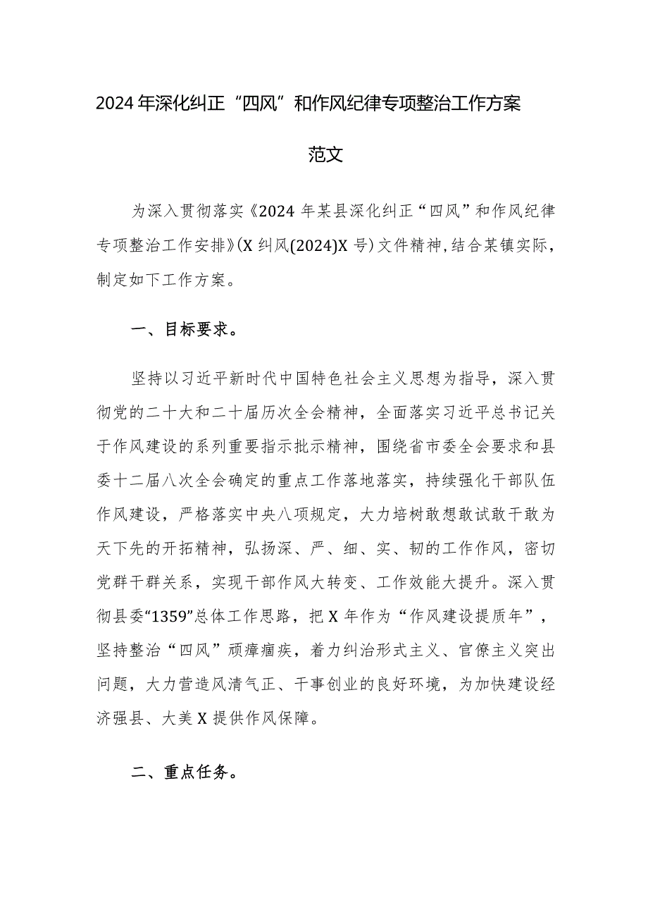 2024年深化纠正“四风”和作风纪律专项整治工作方案范文.docx_第1页