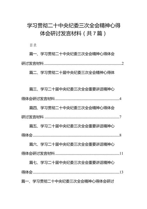 （7篇）学习贯彻二十中央纪委三次全会精神心得体会研讨发言材料通用范文.docx