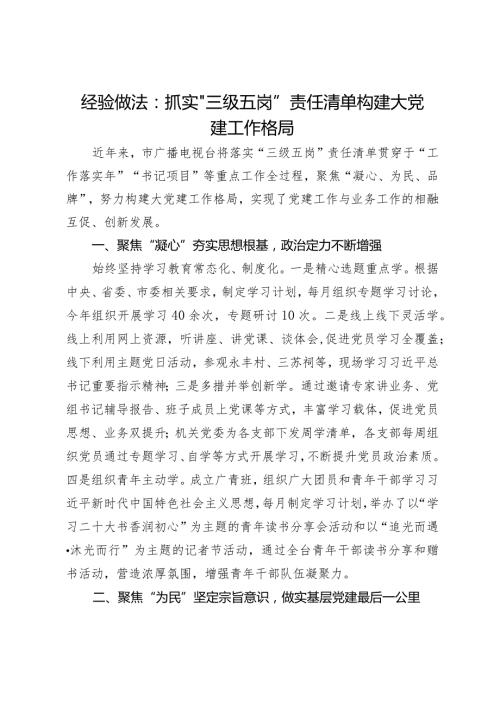 经验汇报：抓实“三级五岗”责任清单 构建大党建工作格局.docx