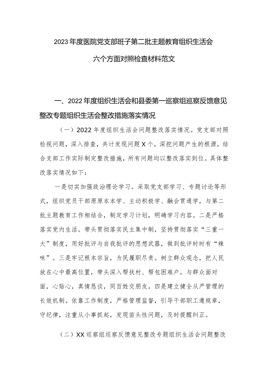 2024医院党支部班子第二批主题教育组织生活会六个方面对照检查材料范文.docx_第1页