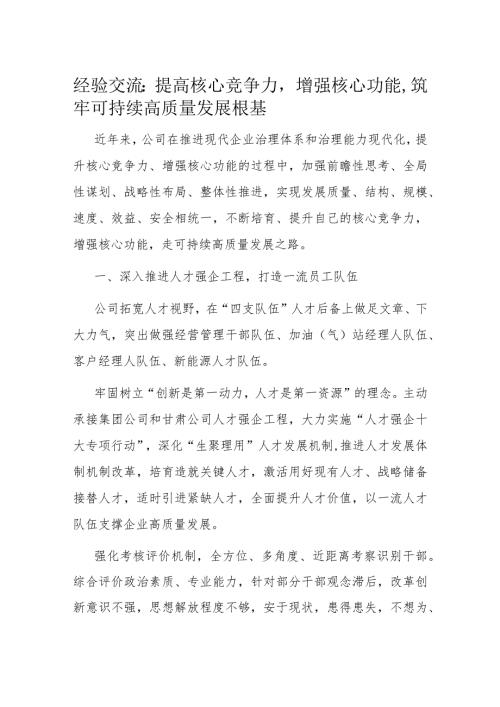经验交流：提高核心竞争力增强核心功能筑牢可持续高质量发展根基.docx