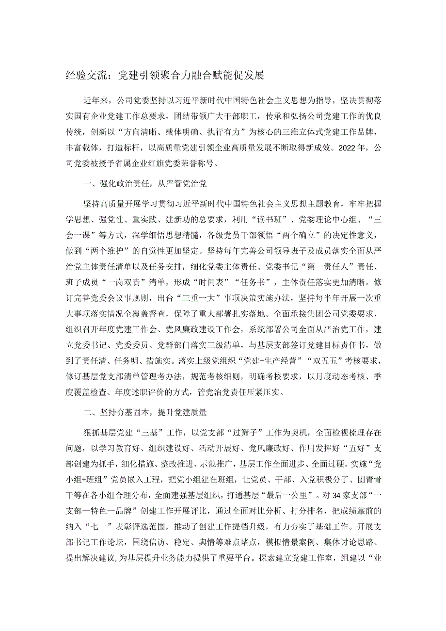 经验交流：党建引领聚合力 融合赋能促发展.docx_第1页