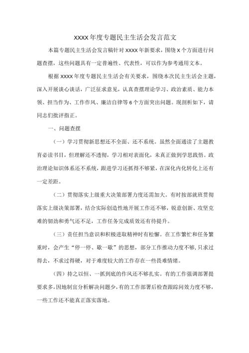 XXXX专题民主生活会发言范文.docx