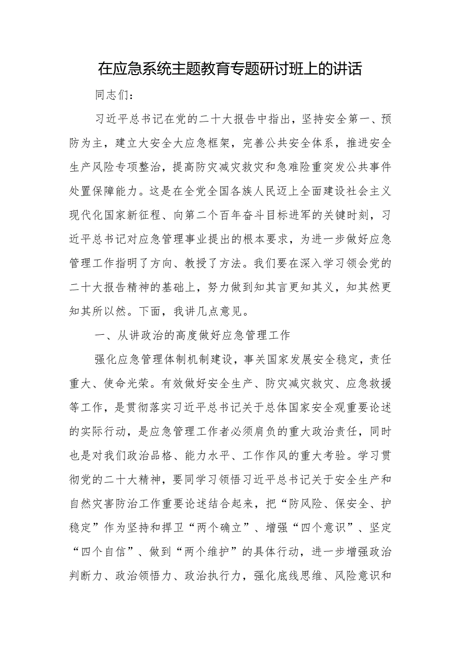 在应急系统主题教育专题研讨班上的讲话.docx_第1页