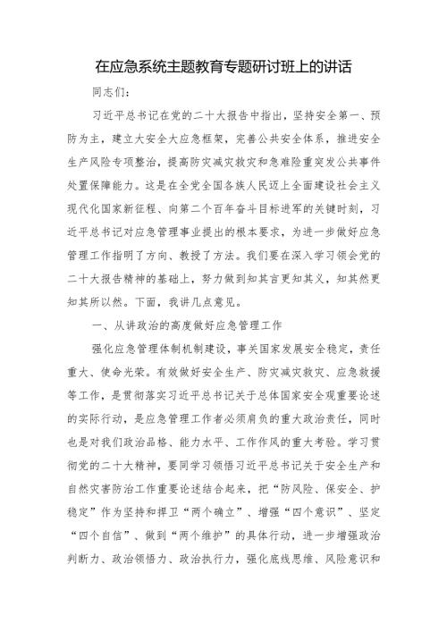 在应急系统主题教育专题研讨班上的讲话.docx