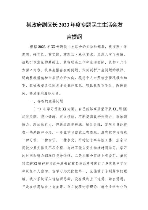 某政府副区长2023专题民主生活会发言提纲.docx