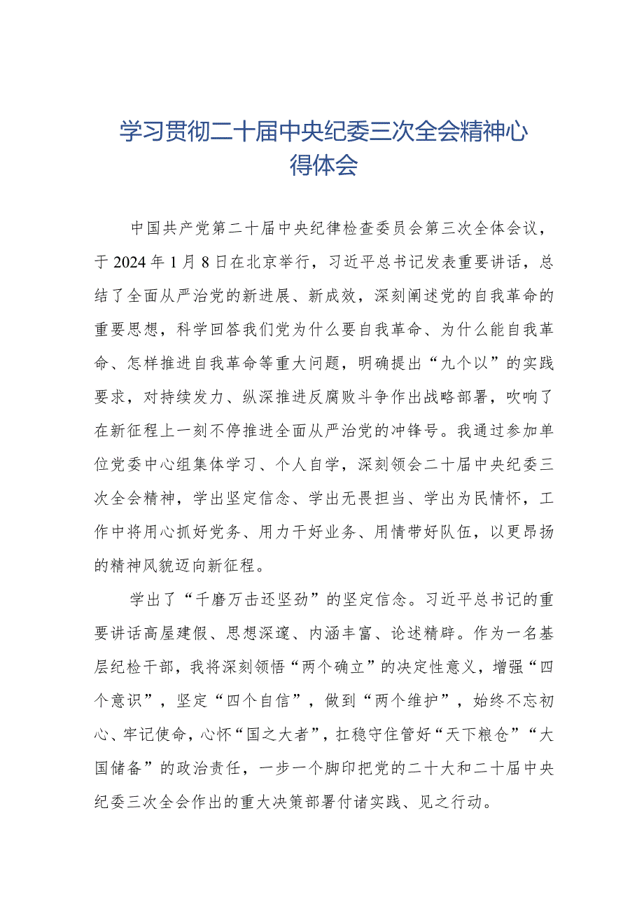 纪检干部学习二十中央纪委三次全会精神的心得感悟十九篇.docx_第1页