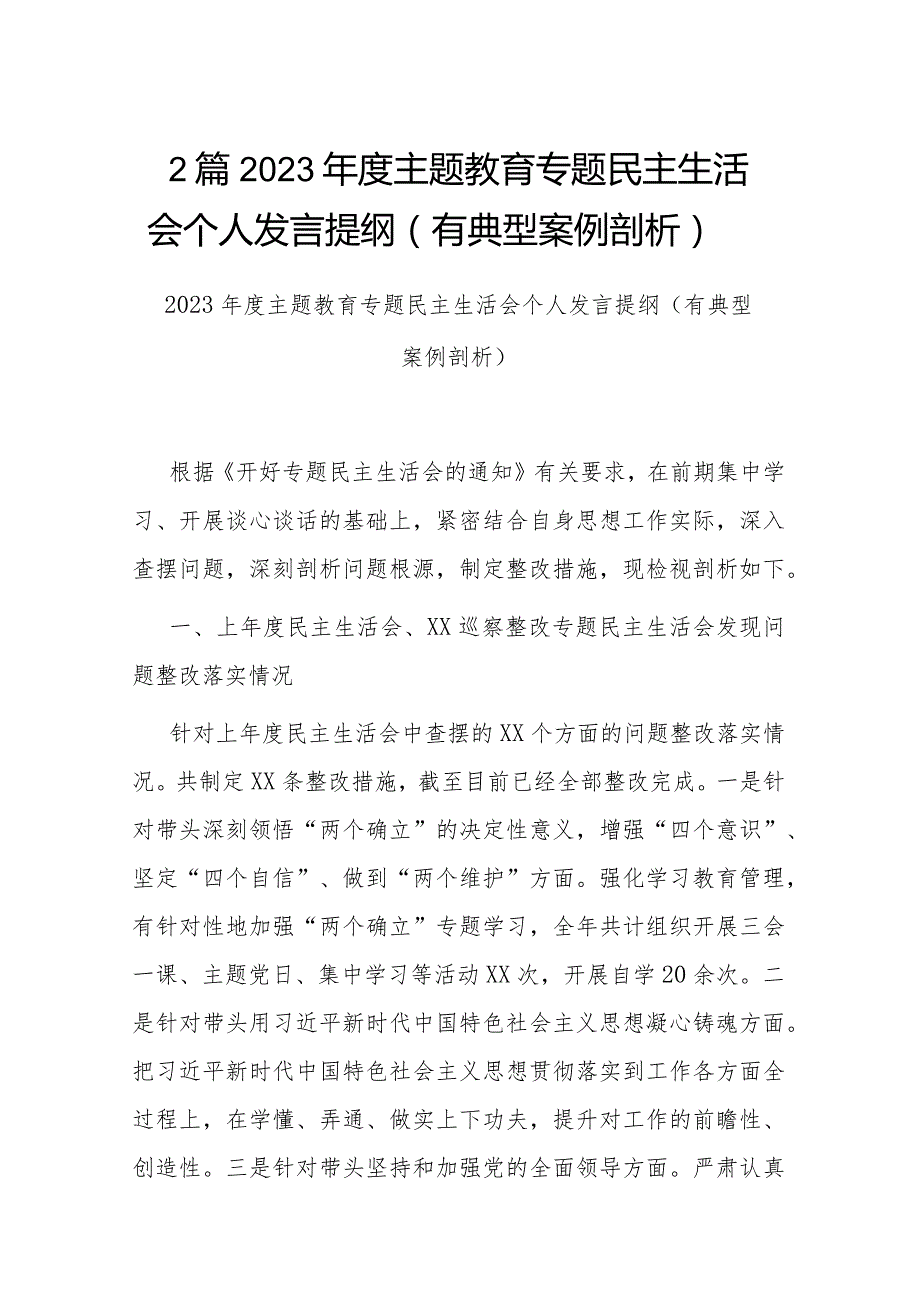 2篇2023主题教育专题民主生活会个人发言提纲（有典型案例剖析）.docx_第1页