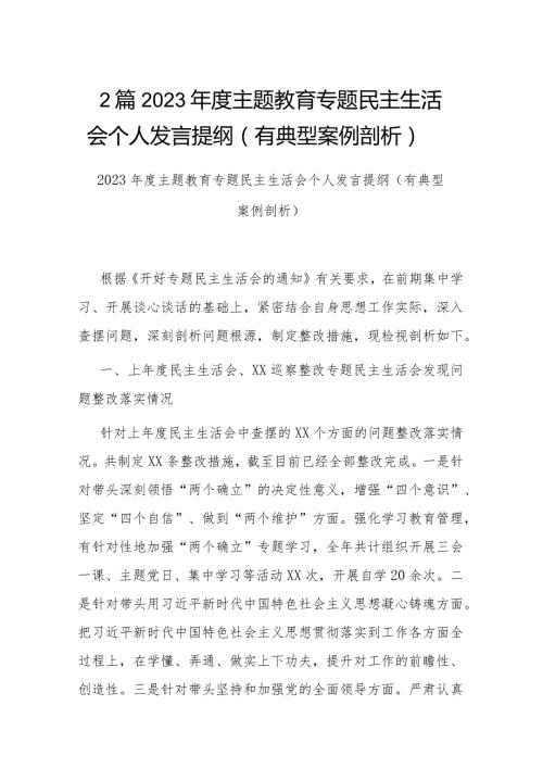 2篇2023主题教育专题民主生活会个人发言提纲（有典型案例剖析）.docx