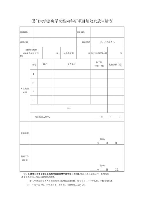 厦门大学嘉庚学院纵向科研项目绩效发放申请表.docx
