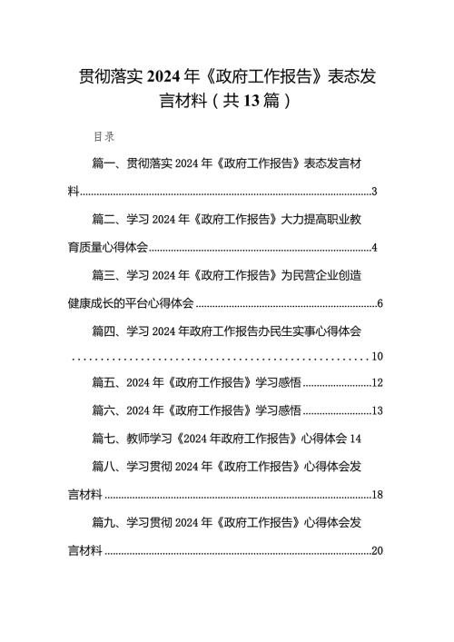 贯彻落实2024年《政府工作报告》表态发言材料13篇（精选版）.docx