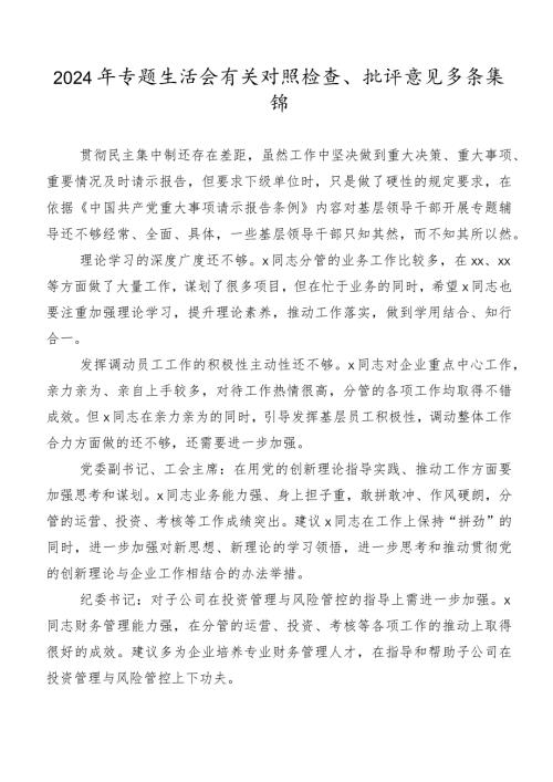 2024年专题生活会有关对照检查、批评意见多条集锦.docx
