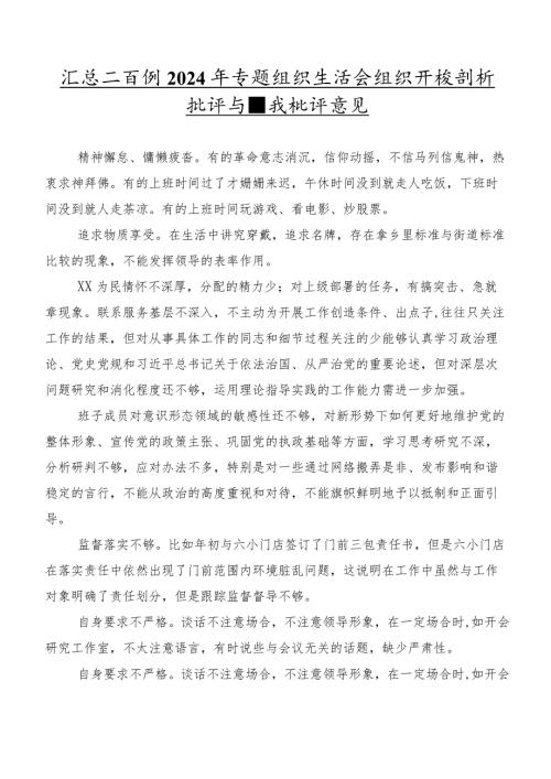 汇总二百例2024年专题组织生活会组织开展剖析批评与自我批评意见.docx