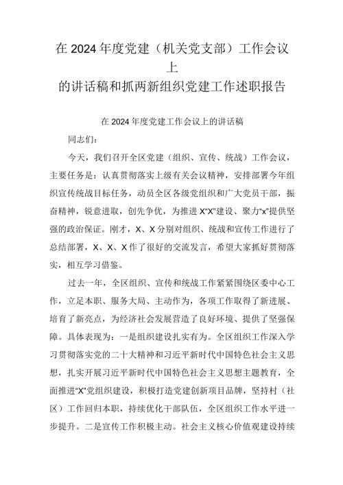 在2024党建(机关党支部)工作会议上的讲话稿和抓两新组织党建工作述职报告.docx