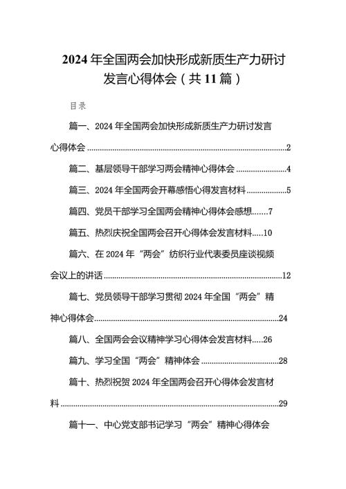 （11篇）2024年全国两会加快形成新质生产力研讨发言心得体会精选版.docx