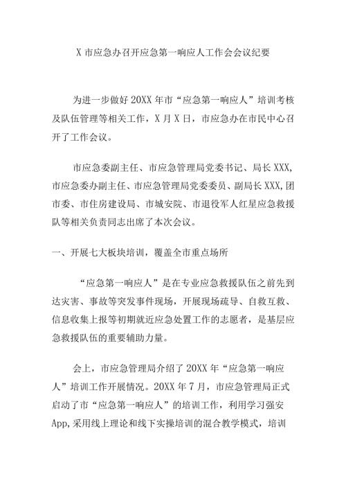 X市应急办召开应急第一响应人工作会会议纪要.docx