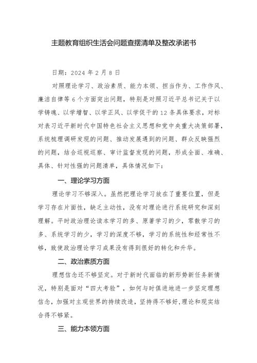 主题教育组织生活会问题查摆清单及整改承诺书.docx